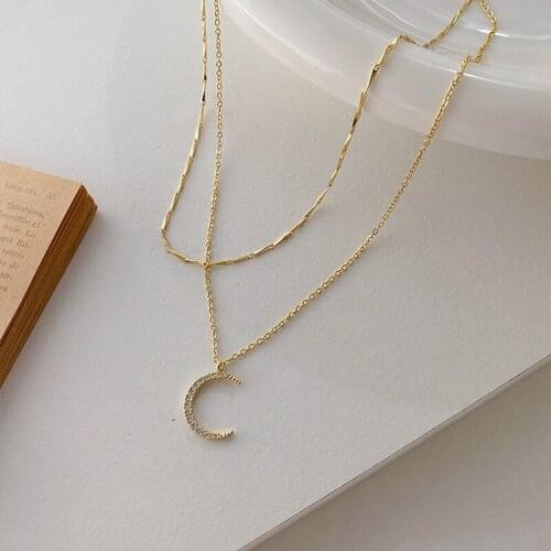 Minimalist Gold Color Double Layer Rhinestone Moon Pendant Necklace for Women Exquisite Chain Necklace Jewelry Accessories