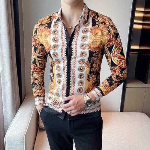 Luxury Golden Print Shirts for Men Autumn Long Sleeve Autumn Shirt Slimvintage Tops Male Clothing Social Night Club Blouse Homme