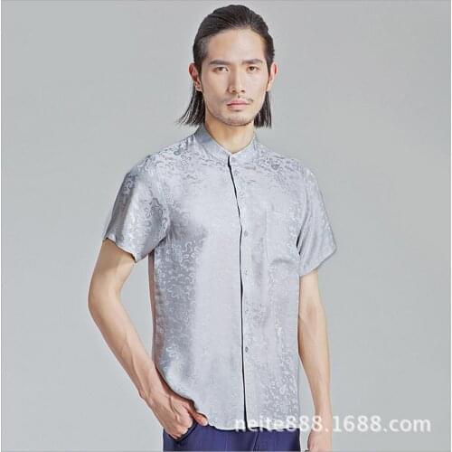L-3xl Spring And Summer New Silk Flower Shirt Mens Stand Collar Short-sleeved Silk Shirt 100% Silk Loose Tops Clothing