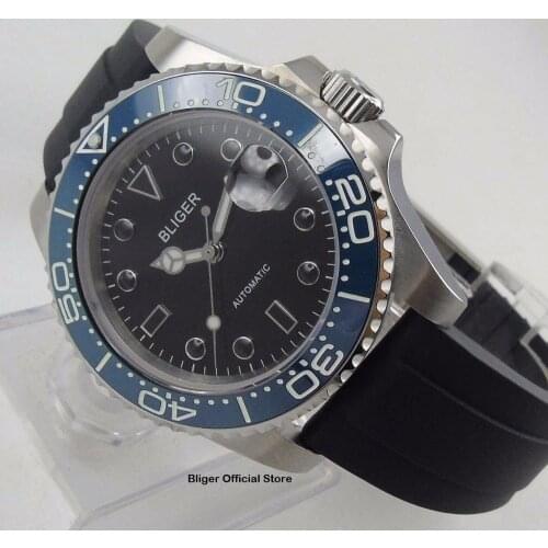 Sapphire Glass 40mm Automatic Mens Watch Miyota Movement Auto Date Luminous Blue Bezel Rubber Strap Wristwatch