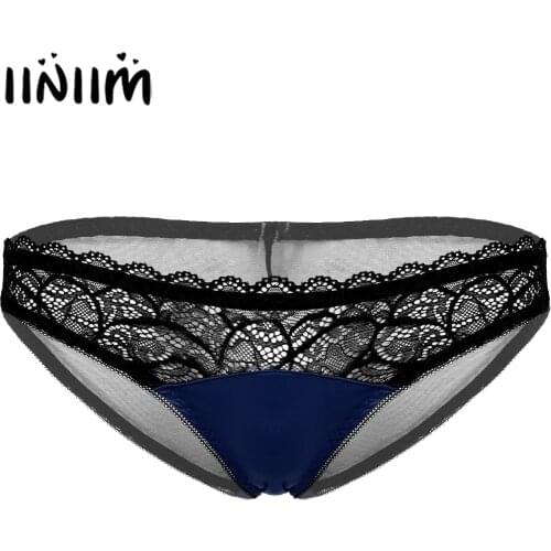 Mens Lingerie Sissy Underwear Floral Lace Patchwork Low Waist Briefs Erotic Apparel Sexy Panties See-through Back Underpants