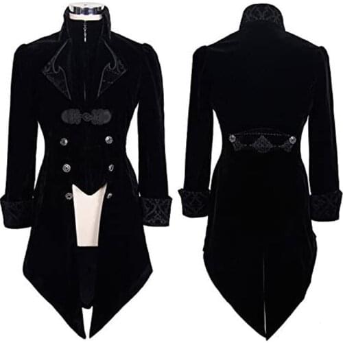 Men Women Halloween Medieval Costume Court Lapel Buckled Tuxedo Dinner Jacket Steampunk Slim Coat Magician Cosplay Carnival