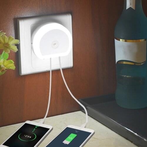 2 USB Socket Port Wall Plug Lamp Light Sensor Control LED Night Light 110V 220V EU US UK Lamp Kids Living Room Bedroom Lighting