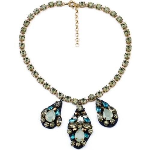 Bulk Price Handcraft Dress Match 2014 Resin Glass Zinc Alloy Cloth Green Rhinestone Chain Pendant Necklace