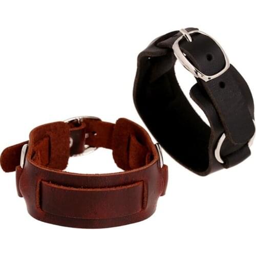 Punk Rock Vintage Men Bracelet Cuff Circle Charm Black Brown Leather Bangle Biker Women Wristbands Retro Fashion Unisex Jewelry