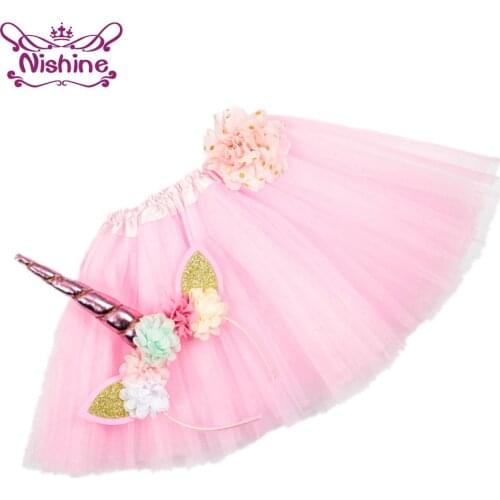 Nishine Girls Tutu Dress With Unicorn Horn Headband Set Children Birthday Party Photography Props Kids Dresses Princess Clothes