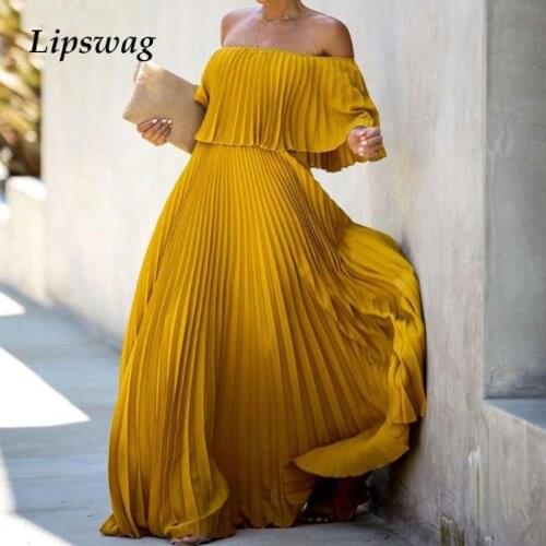 Sexy Off Shoulder Ruffle Loose Boho Long Dress Women Elegant Slash Neck Office Lady Maxi Dress Summer Casual Solid Casual Dress