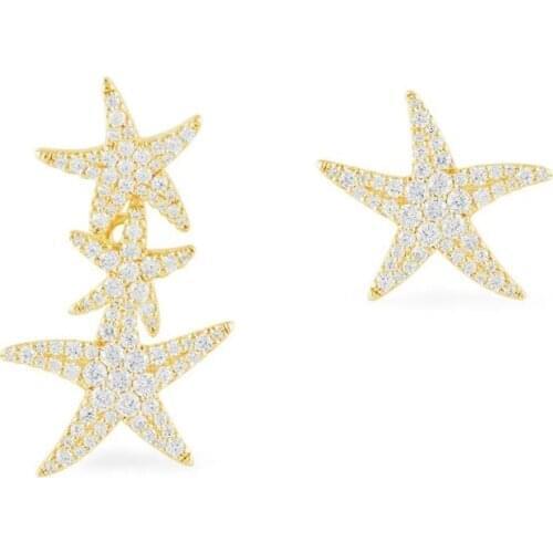 SOELLE Luxury Real 925 Sterling Silver Gold Color Asymmetric Starfish Sea Stars Earrings Pave Zircon Women June Tropical Jewelry