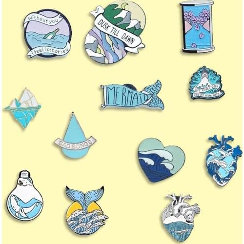 Ocean Series Enamel Pin Heart Mermaid Wave Brooch Backpack Denim Shirt Lapel pins Sea Jewelry Accessories Gift for Friends