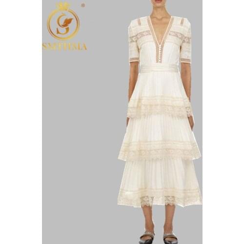 SMTHMA High Quality Newest 2021 Runway Maxi Dress Womens Sleeveless Stunning Embroidery Gauze Patchwork Stacked cake Long Dress