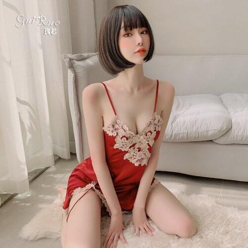 V Neck Allure Water Soluble Flower Embroidery Sexy Side Split Lace Strap Nightdress Home Clothes Simulation Silk Pijama Lingerie