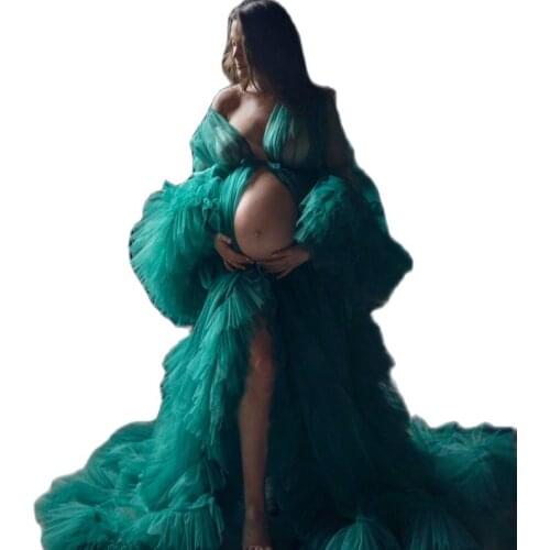 Green Ruffles Maternity Dresses Puffy Sleeves Maternity Gown for Photoshoot Boudoir Lingerie Bathrobe Nightwear Babydoll