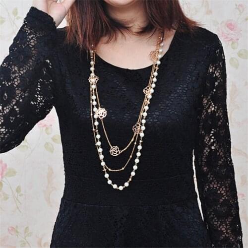 RONGQING Fashion New Imitation Pearls Rose Chain Necklace Sweater Chain Long Necklace for Women Collares Mujer
