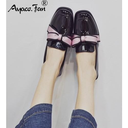 2019 Spring Women Shoes Bow-tie Loafers for Girls Patent Leather Elegant Low Heels Slip-On Footwear Female Thick Heel