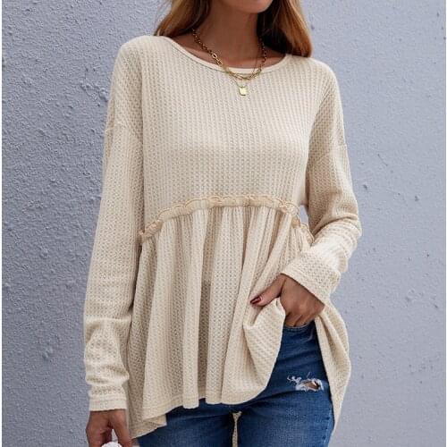 Pullovers De Mujer 2021 Fall Long Sleeve O Neck Solid Color Waffle Pleated Casual Top Sweater Elegant Lady Knitwear Sueter