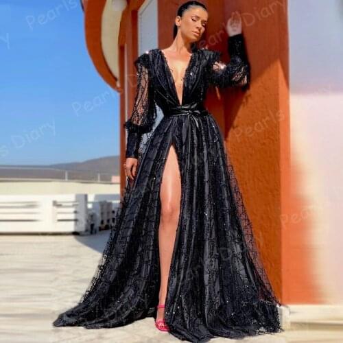 Haute Couture Black Sequined Long Evening Dresses Deep V-neck High Side Split Evening Gowns 2021 Robes Full Sleeves Party Dress