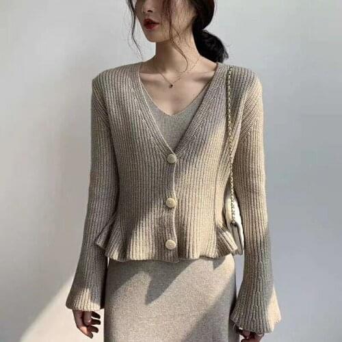 Zoki Autumn Women Cardigan Sweater Flare Long Sleeve Knitted Korean V Neck Ruffles Short Coat Casual Slim Single Breasted Top