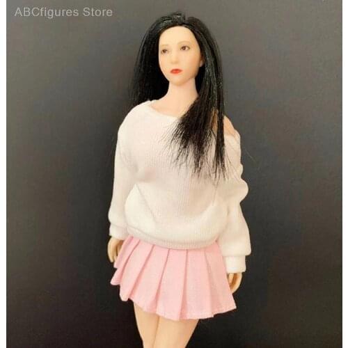 1/12 White Long Sleeve t-Shirt & Pink Pleated Skirt Model Female Figure Accessory for 12'' Action Figure Body Collectible