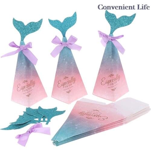 10pcs Mermaid Tail Candy Boxes Pink Mermaid Tail Bow Knot Gifts Box Kids Favors Wedding Theme Birthday Party Supply