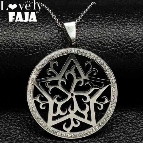 2021 Wicca Pentagram Stainless Steel Necklaces Pendants Women Silver Color Crystal Necklace Jewelry collares pentagram N18262