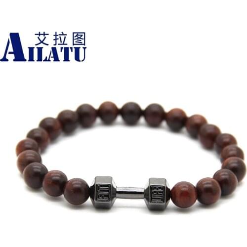 Ailatu Fashion Sports Jewelry Natural Brown Wood Fitness GYM Dumbbell Bracelet Mens Powerful Barbell Bangle