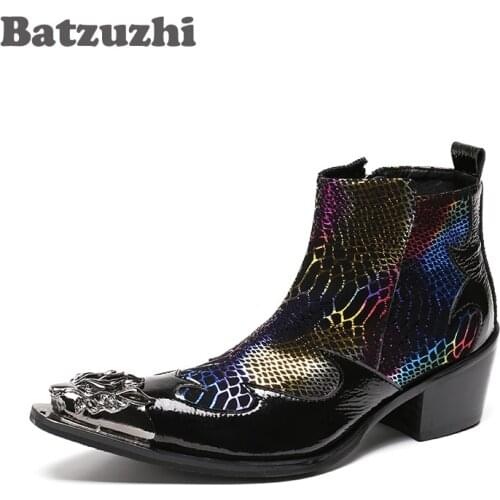Batzuzhi Western Boots Men Pointed Metal Tip Punk Leather Boots Men Club/Business/Stage Boots Men 6.5cm Height Increased