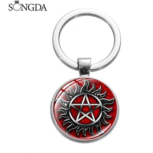 Supernatural Series Keychain Dean Sam Winchester Keyring Punk Pentagram Devils Trap Glass Pendant Key Chain Talisman Jewelr