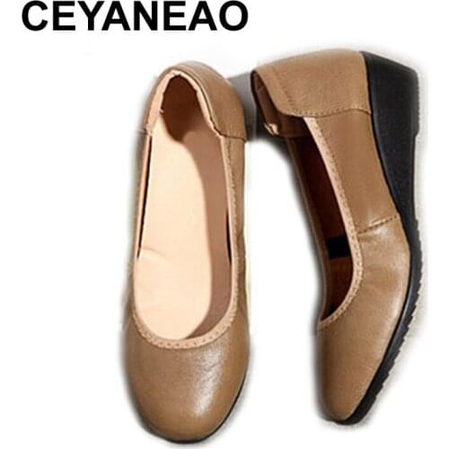 CEYANEAO Spring Autumn Handmade Retro Genuine Leather Flat Shoes Women 2019 Ballet Flats Leather Solid Soft Slip-on Shoes Woman