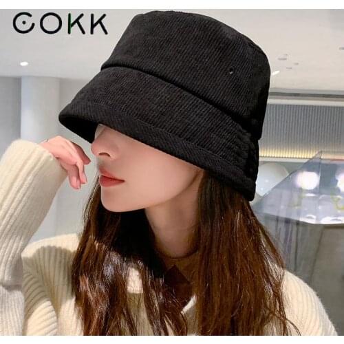 COKK Bucket Hat Women Winter Autumn Solid Color Cotton Striped Fisherman Cap Outdoor Simple Korean Casual Sunshade Women Hat New
