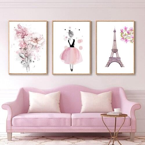 Nordic Decoration Pink Flower Dress Girl Wall Art Canvas Painting Eiffel Tower Posters and Prints Wall Pictures for Living Room