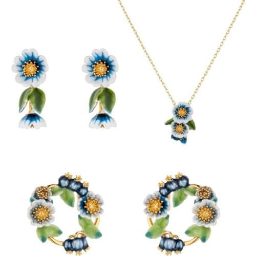 Elegnat Vintage Blue Flower Earring Necklace Jewelry Sets For Women Simple Cute Romantic Sweet Lady Party Accessories Good Gift