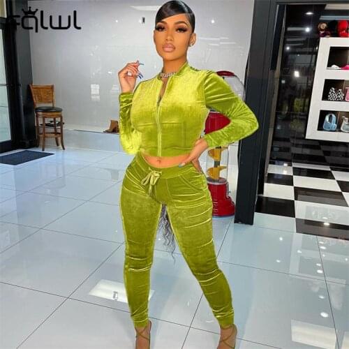 FQLWL Fall Streetwear Two 2 Piece Sets Tracksuit Women Outfiits Long Sleeve Tops Skinny Pants Suits Casual Velvet Matching Sets