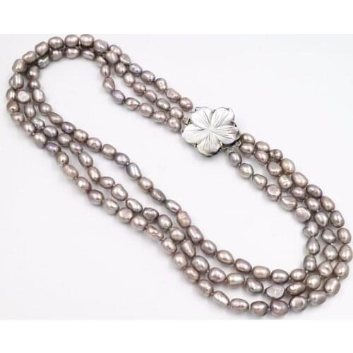Beautiful new fashionable natural baroque freshwater pearls 3 rows mm 7-9 mm gray color pearl necklace shell flower clasp 20