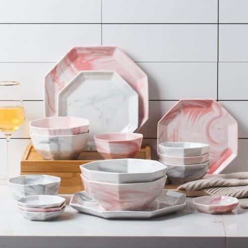 Creative Pink Marble Ceramic Bowl Tableware Set Porcelain Household Snack Cooking Bowl Dishes Dinner Plate Kitchen Tool Decor
