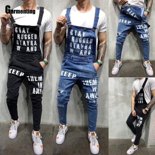 Garmenting Plus Size Mens Fashion Jeans Demin Overalls Skinny Jumpsuits Letter Print Strappy Jeans Trousers Men Clothing 2021