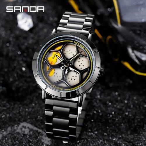 SANDA Hot Sell Quartz Stainless Steel Men Watch Fashion Waterproof Creative Sport Car Rim Wheel Rotating Dial Relogio Masculino