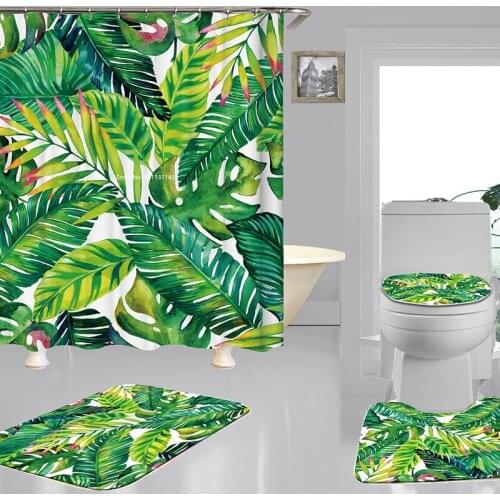 New Fresh Style Banana Leaf Print Shower Curtain Bathroom Non-slip Bath Mat Polyester Waterproof Shower Curtain 4-piece Set