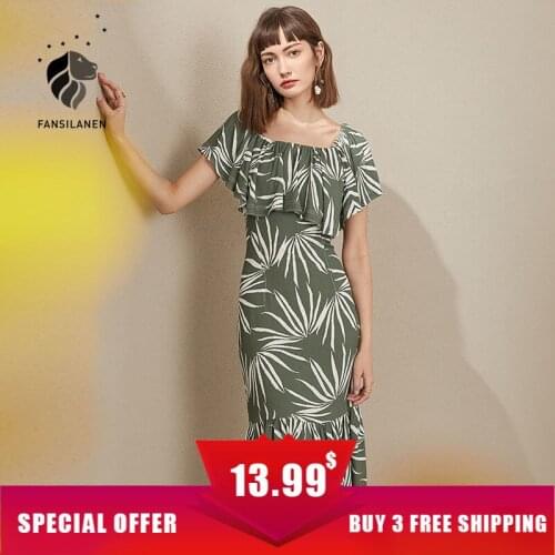 FANSILANEN Strapless Print Long Bodycon Dress Women Summer Ruffle Green Sexy Boho Beach Dress Black Party Elegant Trumpet Dress