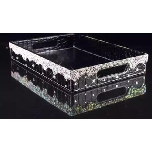 High Grade Crystal Storage Tray PU Leather Inlay Rhinestones Desktop Makeup Organizer Box Large Jewelry Storage Box White Pink