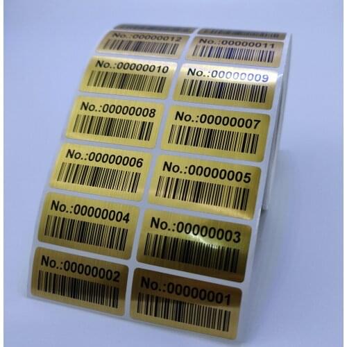 Gold Color Consecutive Serial Numbers With Barcode Inventory Label Stickers In Size 40x20mm