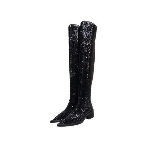 New Woman Black Sequined Cloth Pointed Toe Elastic Thigh Boots 55 mm Square Heels Bling Slim Over The Knee Long Knight Boots