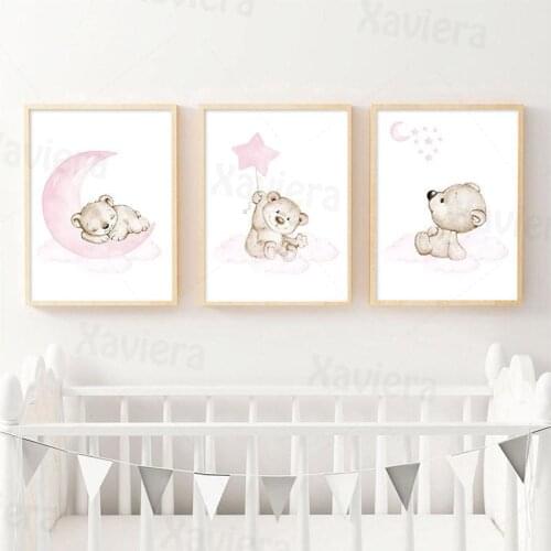 Nordic Simple Cartoon Bear Canvas Art Painting Boy & Girl Baby Room Home Decoration Animal Painting Nursery Poster Frameless