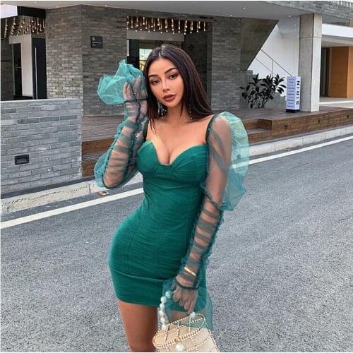 Puff Sleeve Sexy Club Party Dress Elegant Mesh Sheer Patchwork Bodycon Dress Women Mini Dresses Ladies Sheath Stretch Vestidos