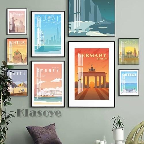 Modern Travel Print Poster Hanoi Sydney Alaska Canvas Painting Dubai Greece Egypt Greenland Map Wall Art World City Home Decor