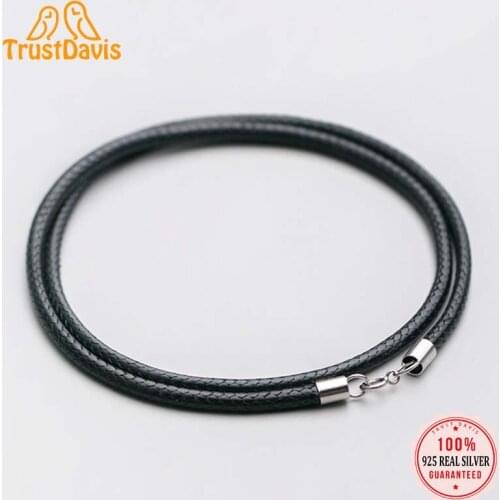 TrustDavis Genuine 925 Sterling Silver Black Pu Leather Rope 40cm/45cm Choker Necklace For DIY Accessories Wholesale DS1066
