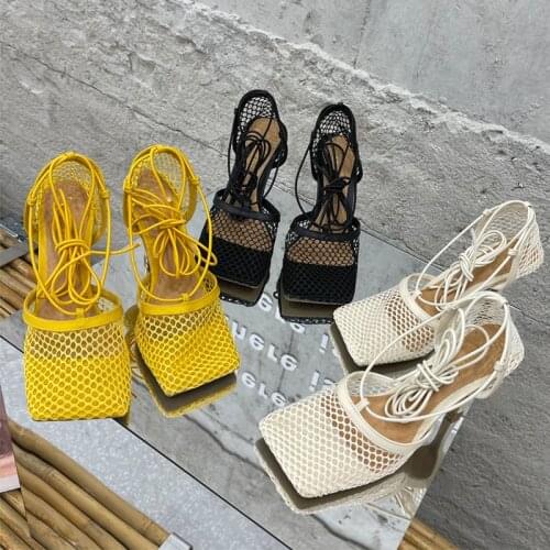 2021 Women Pumps Thin High Heels Sexy Sandals Shoes For Woman Fashion Square Toe Mesh Ankle Strap Pumps Sandals Ladies Shoes