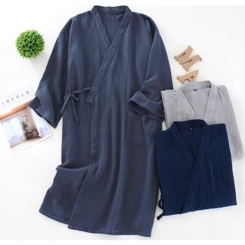Spring And Summer Thin MenS Kimono Cotton Crepe MenS Nightgown Solid Nightdress And Large Size Yukata Sweat Steamed Clothes