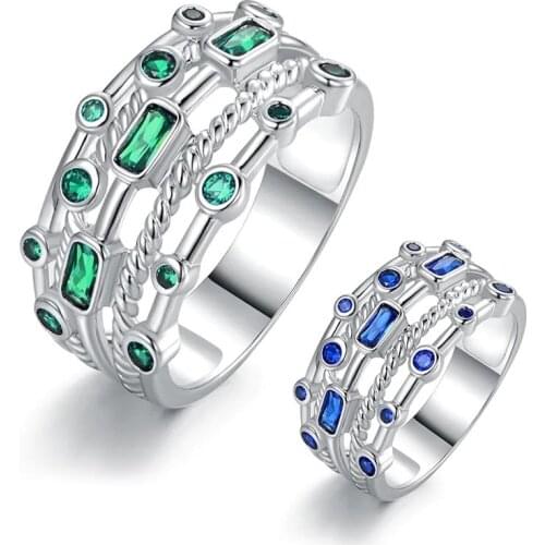 Huitan Geometric Shaped Vintage Rings for Women Inlay Green/Blue CZ Stone Elegant Female Accessories Retro Jewelry Drop Shipping