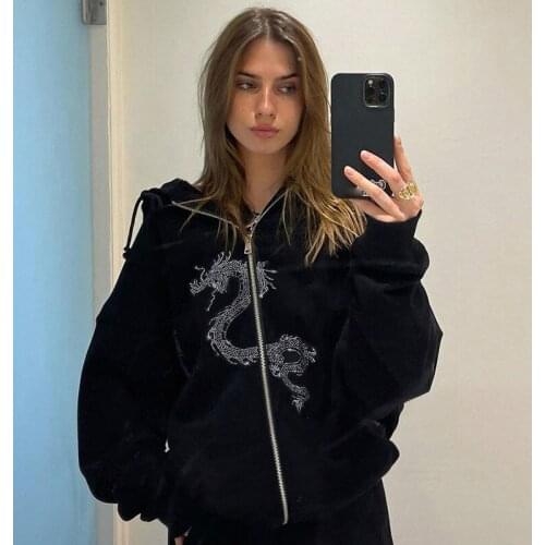Y2k zip-up Sweatshirt Dragon Rhinestone High Street pocket vintage Female Hooded korean fashion ​Cardigan grunge clothes 2021