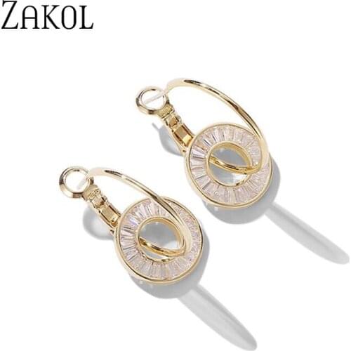 ZAKOL Korean Trendy Trapezoid Zirconia Crystal Dangle Earrings for Women Girl Sweet Cute Romantic Round Circle Jewelry FSEP2645